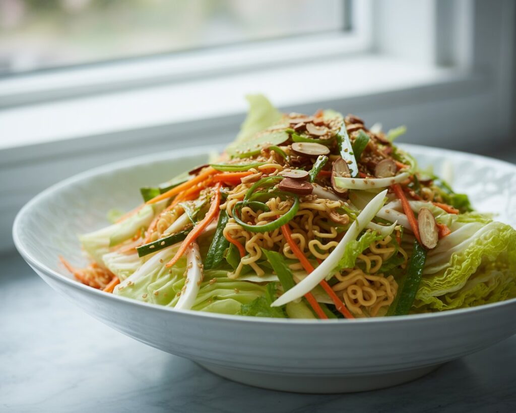 Asian inspired napa cabbage salad with crunchy ramen and green onions