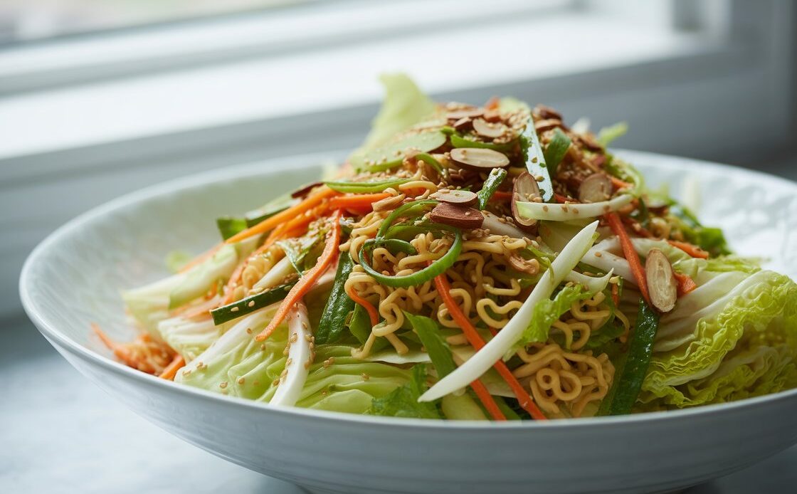 Asian inspired napa cabbage salad with crunchy ramen and green onions