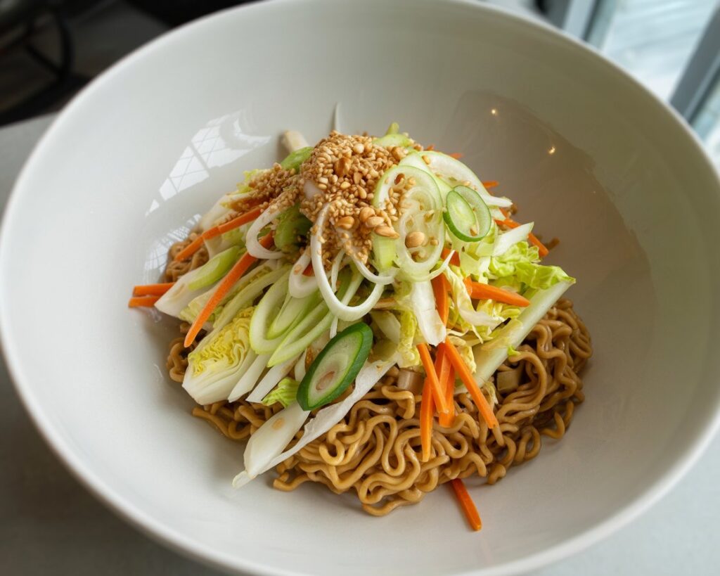 Napa cabbage ramen salad garnished with carrots and sesame seeds