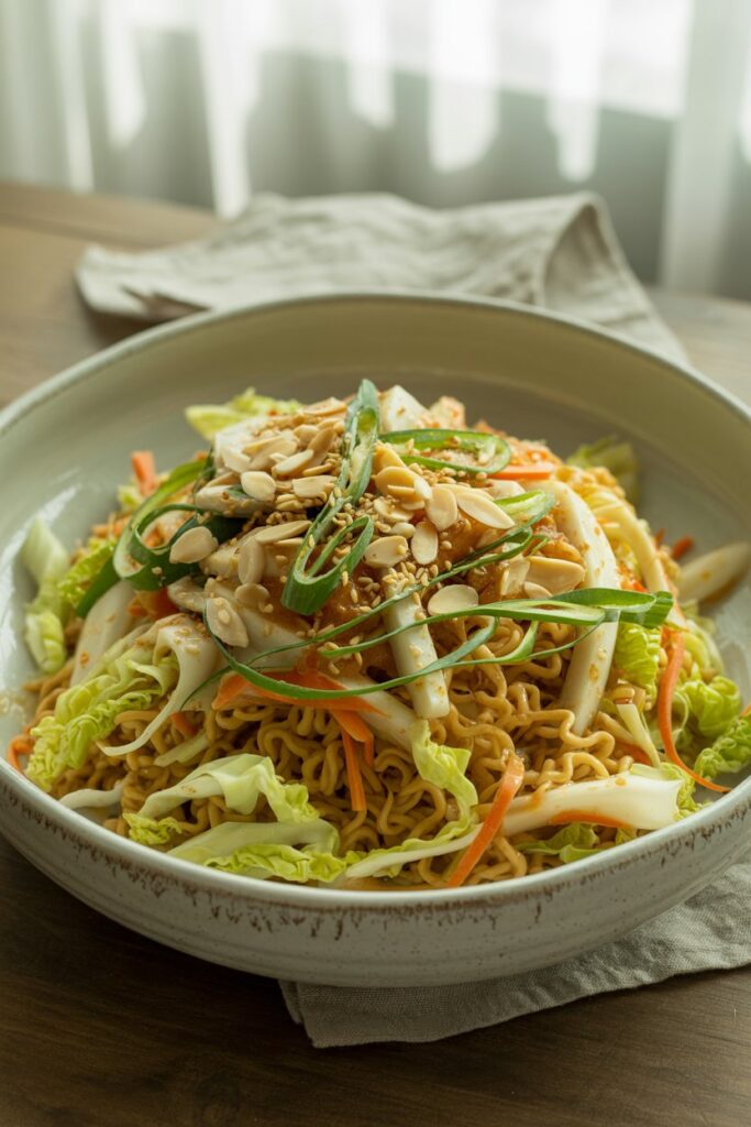 Close up of napa cabbage ramen salad with dressing and toppings