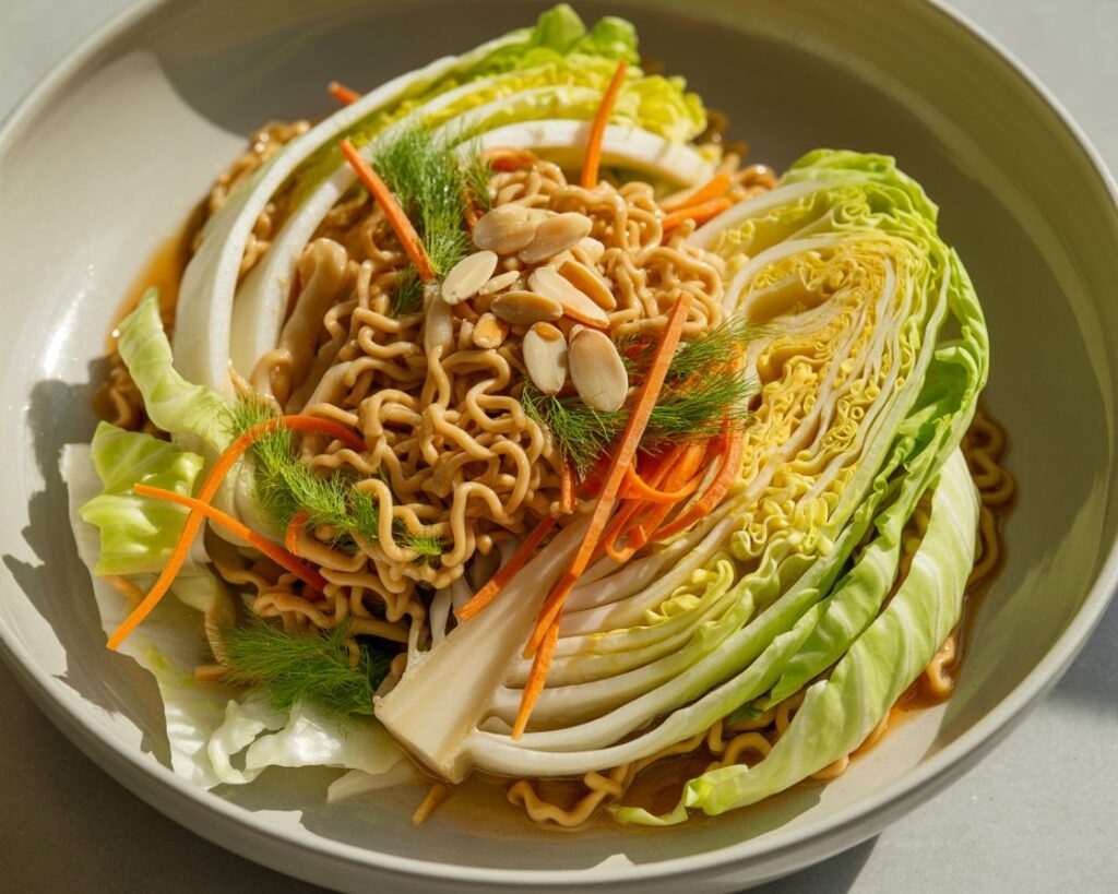 Family style serving of napa cabbage ramen salad on a wooden table