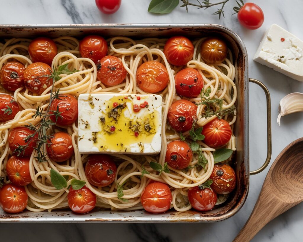 Close-up of feta pasta with roasted tomatoes, garlic, and olive oil.