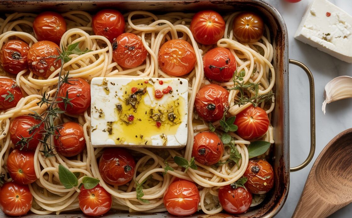 Close-up of feta pasta with roasted tomatoes, garlic, and olive oil.