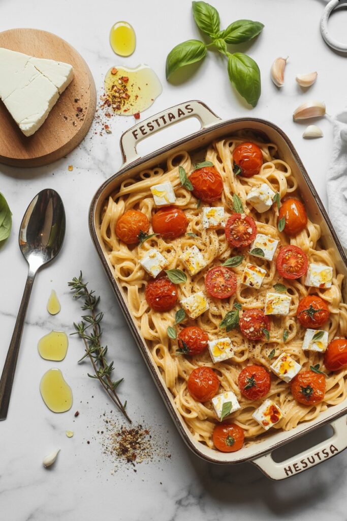 Baked feta pasta with roasted cherry tomatoes and fresh basil in a white serving dish.