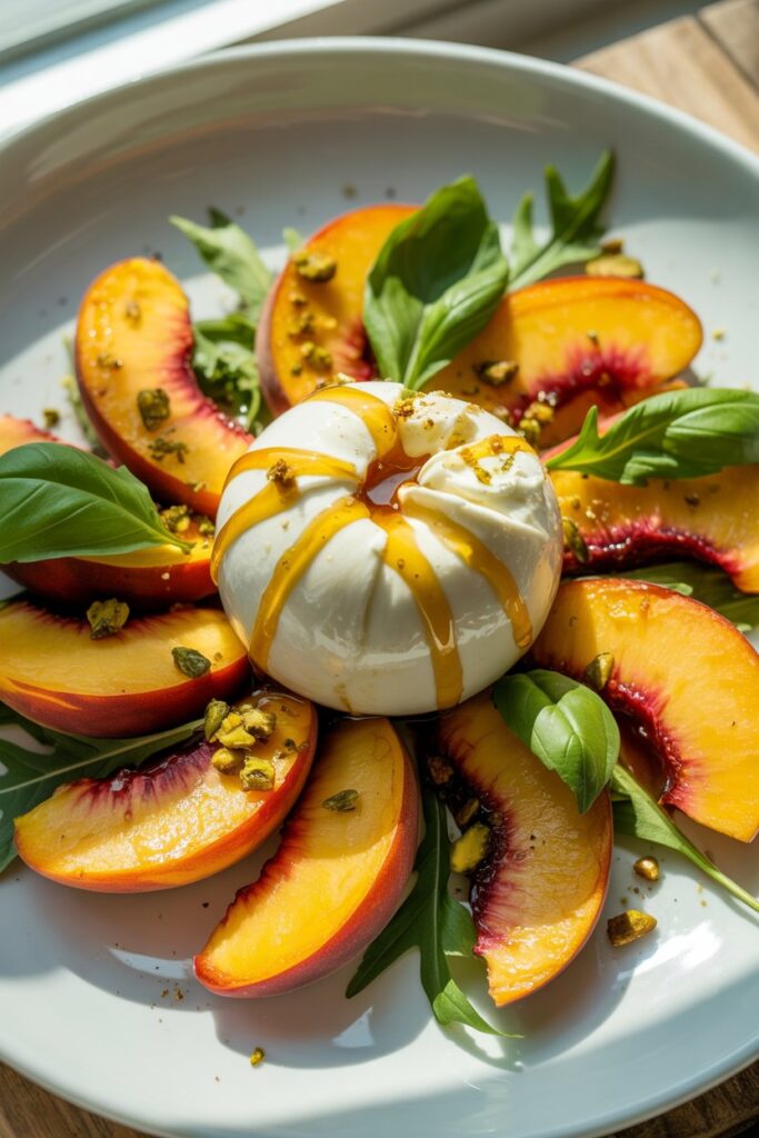 Fresh peach burrata salad with basil and balsamic glaze served on a plate.