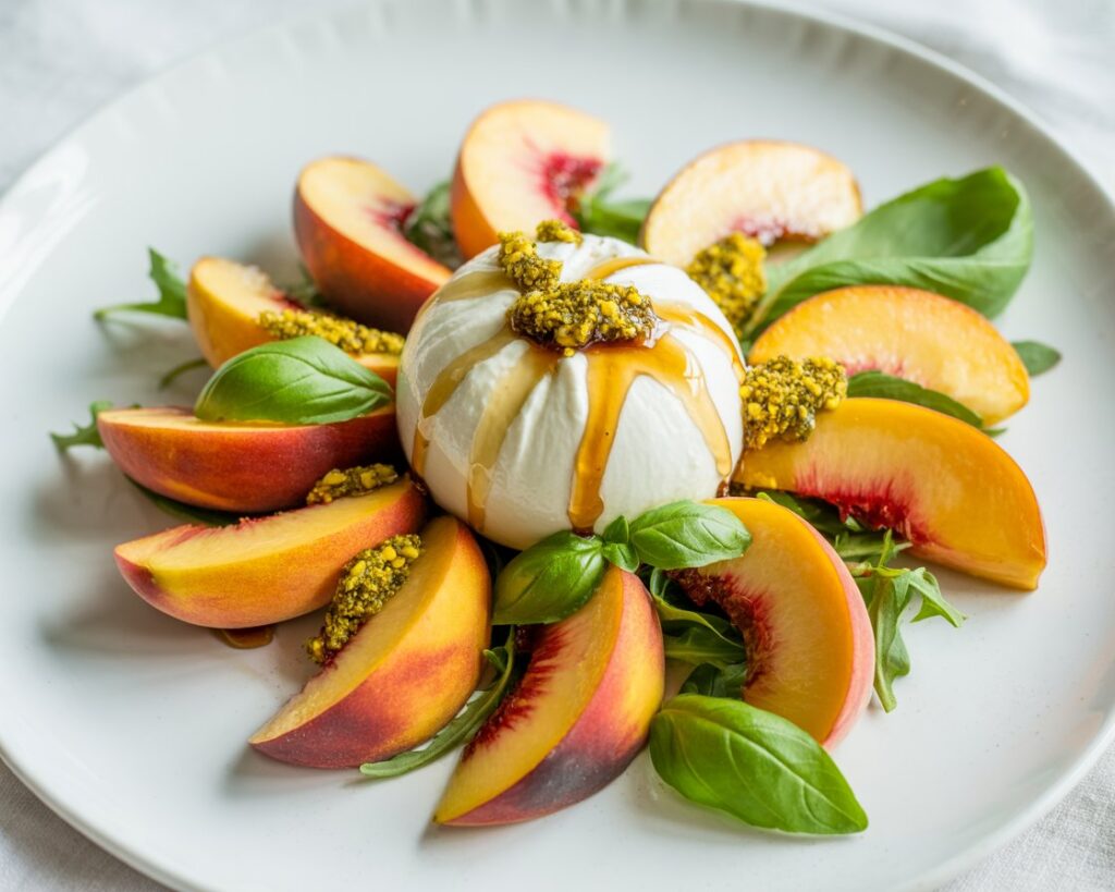 Summer salad with peaches, burrata, basil, and a drizzle of olive oil.