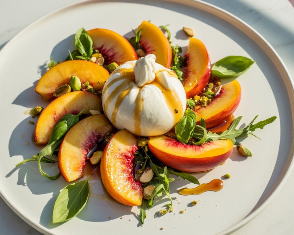 Peach slices layered with creamy burrata on a bed of mixed greens.