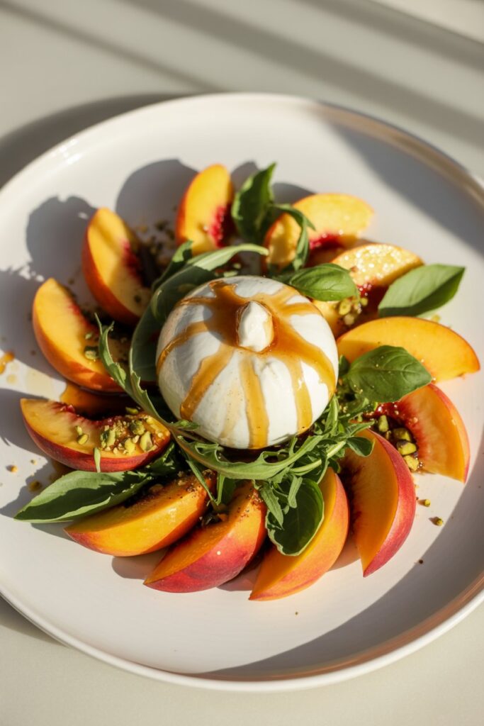 Creamy burrata cheese paired with ripe peach slices and arugula.