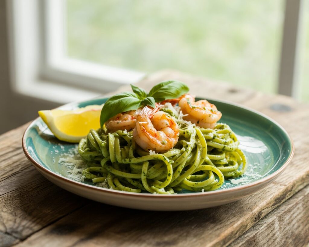 A skillet with shrimp cooking in olive oil before adding to pesto pasta.