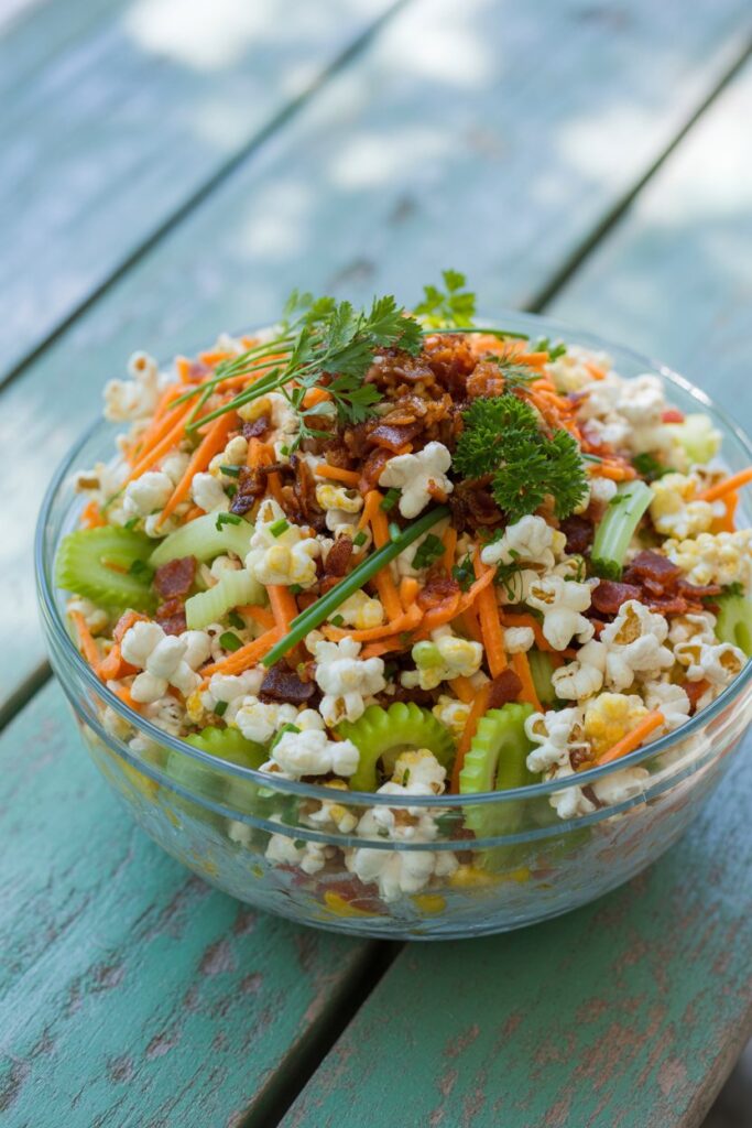 Bowl of creamy popcorn salad mixed with vegetables and dressing