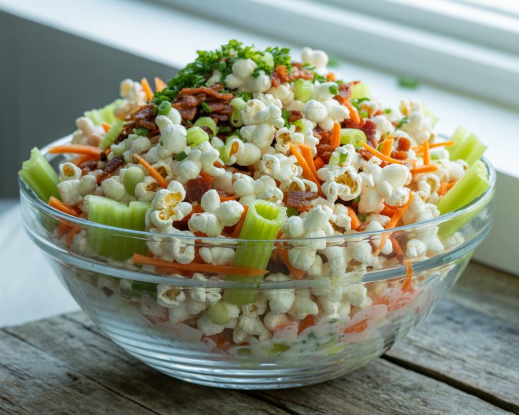 Colorful popcorn salad with peas carrots and dressing