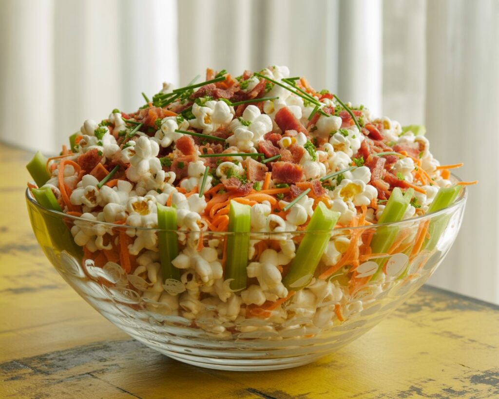 Classic Midwestern popcorn salad ready to serve at table