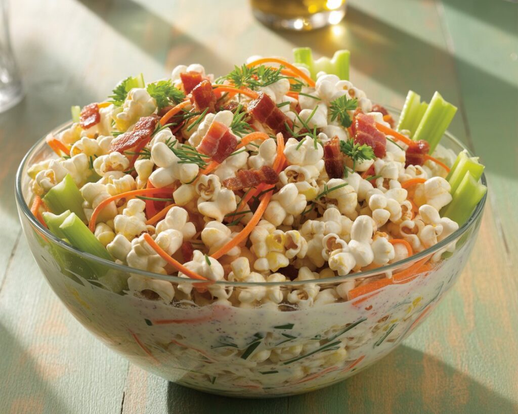 Freshly made popcorn salad with creamy dressing and vegetables