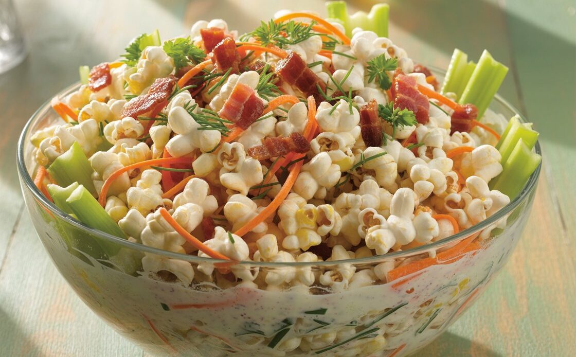 Freshly made popcorn salad with creamy dressing and vegetables