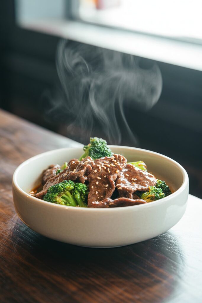Quick stir fry with beef broccoli and colorful bell peppers ready to serve
