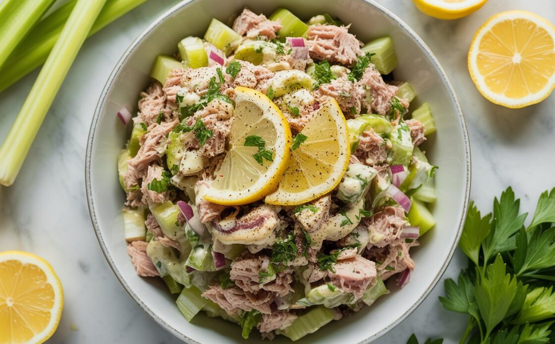 Tuna salad on whole-grain bread for a quick lunch.