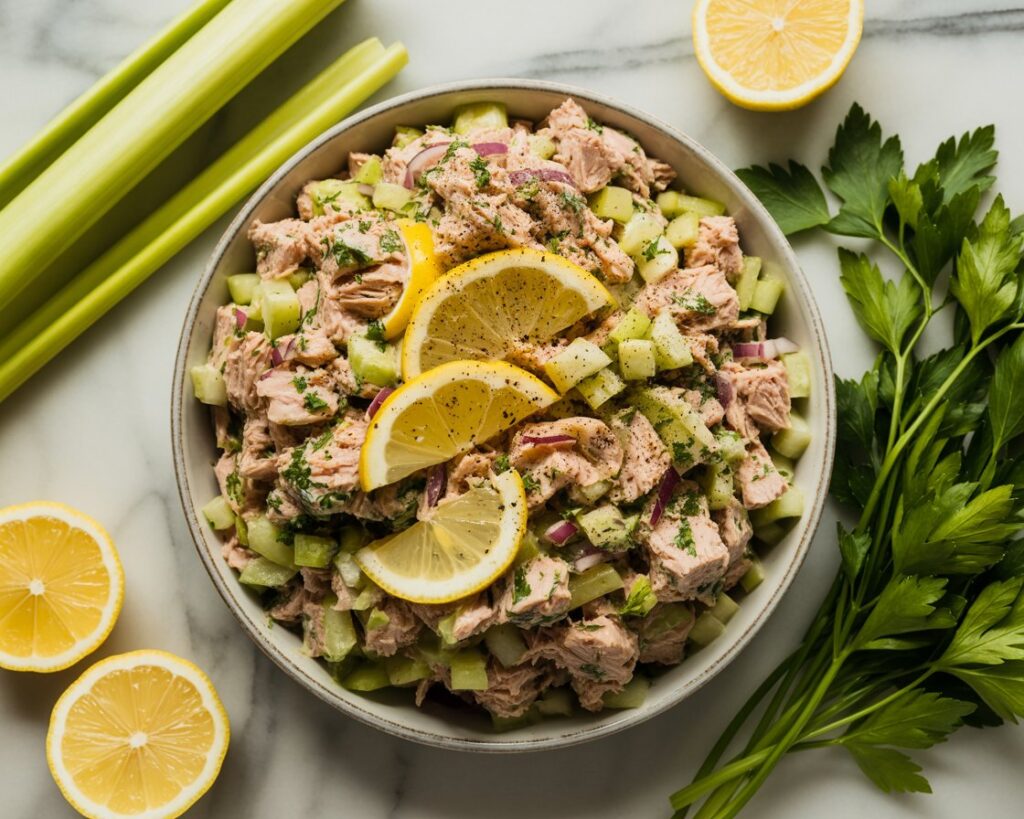 Healthy tuna salad with diced vegetables and light dressing.