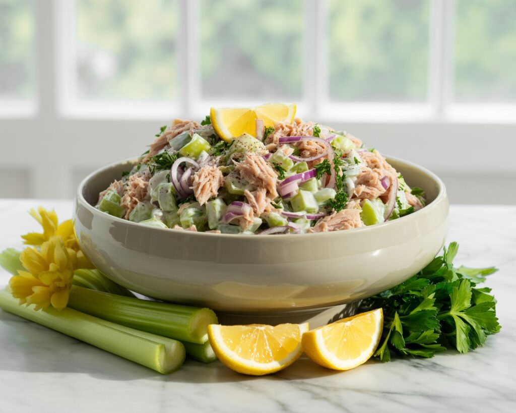 Easy homemade tuna salad served in a lettuce wrap.