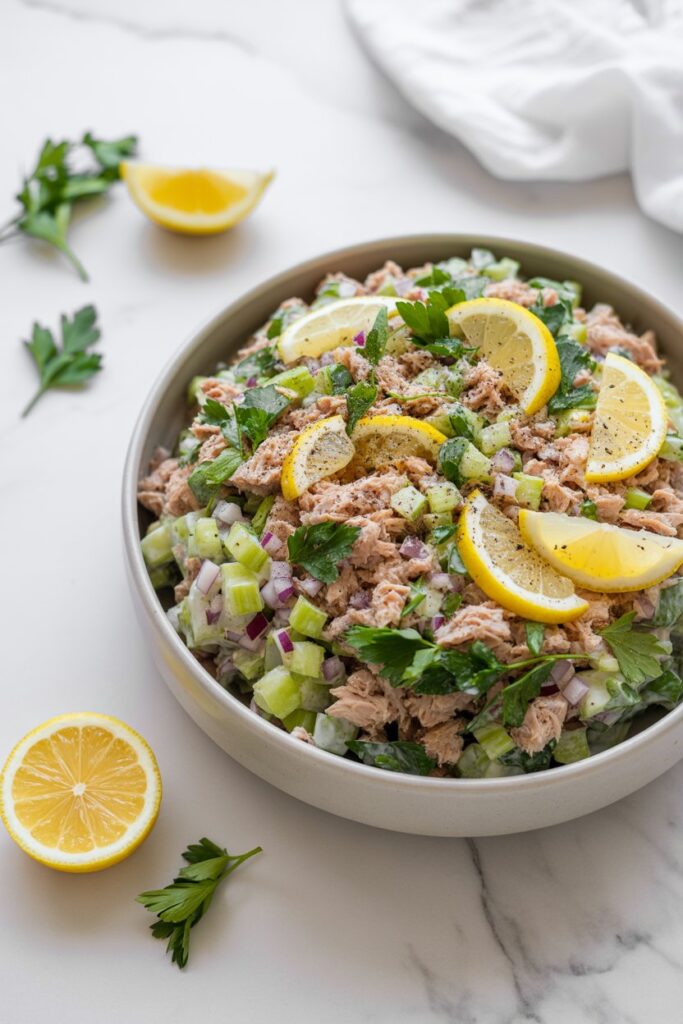 Quick tuna salad served in a white bowl with lemon slices.