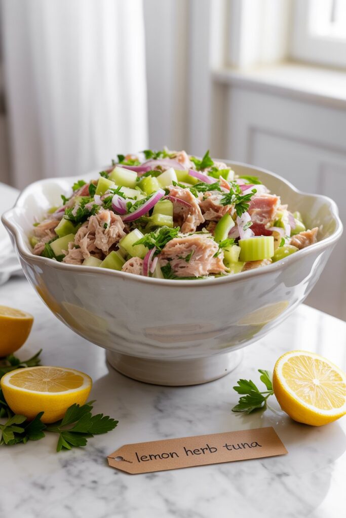 Creamy tuna salad with celery, onions, and mayonnaise.