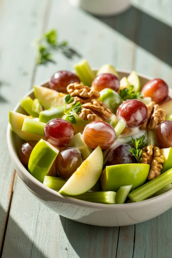 Colorful Waldorf salad with grapes apples and nuts in bowl