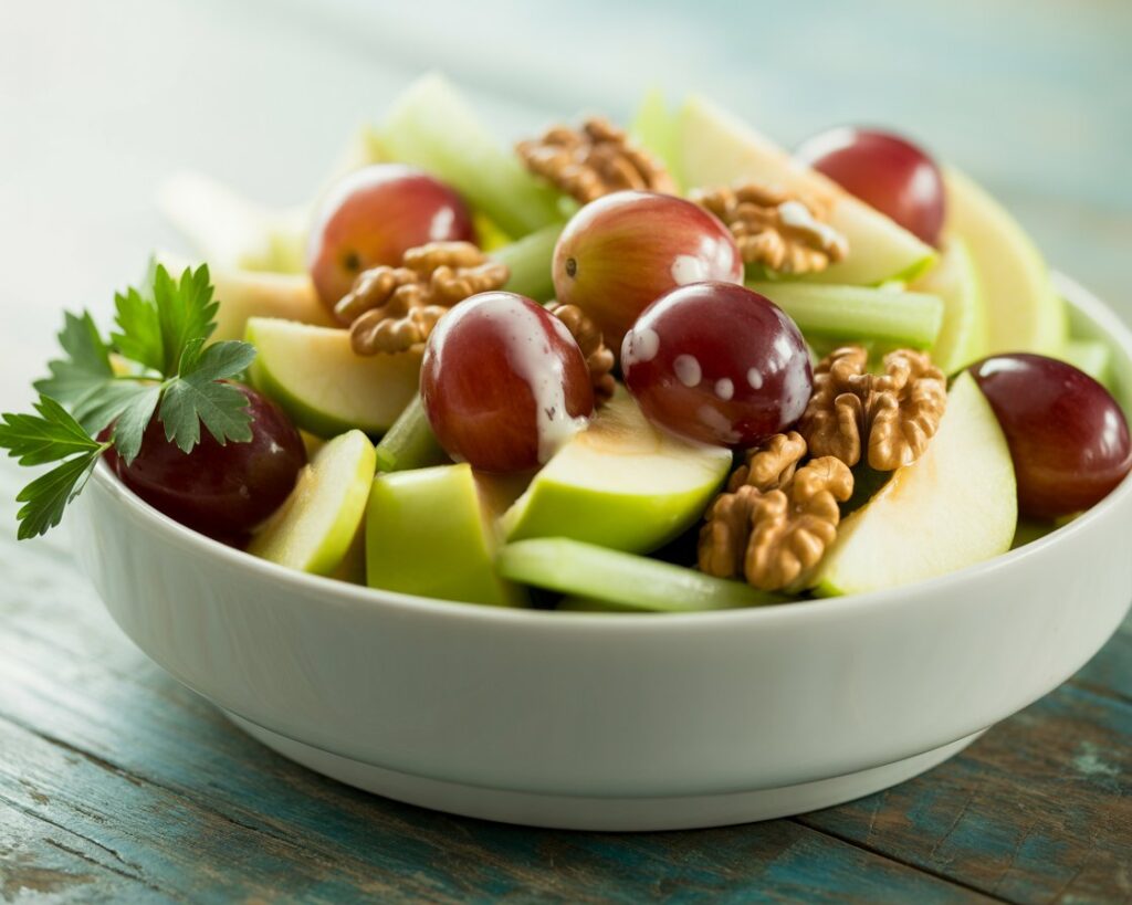 Classic Waldorf salad served on white plate with lettuce base