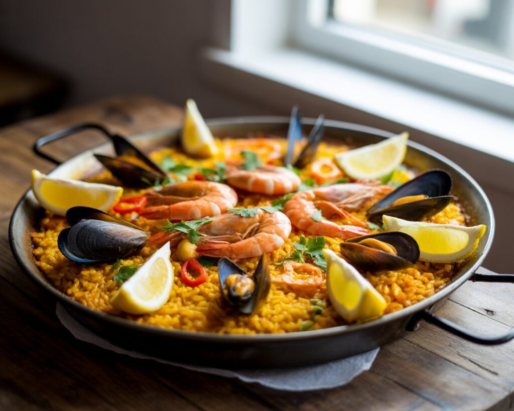Close up of authentic paella with shrimp mussels chicken and colorful peppers