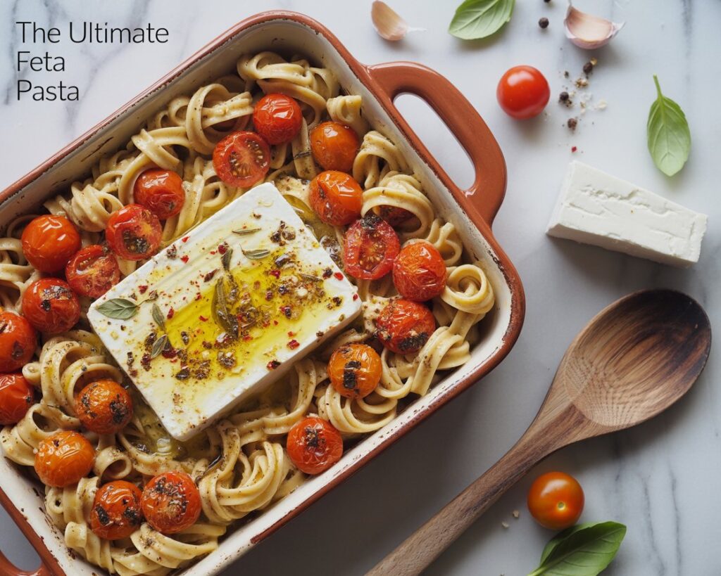 Plate of creamy baked feta pasta with roasted tomatoes and herbs on a rustic table.