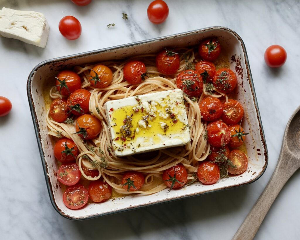Pasta dish made with baked feta cheese, roasted tomatoes, and fresh basil leaves.