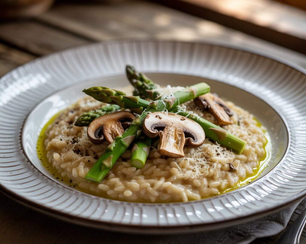 Bowl of creamy risotto with sautéed mushrooms and asparagus pieces