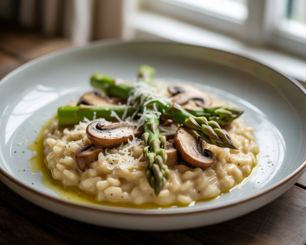Close up of risotto with mushrooms and asparagus topped with parmesan
