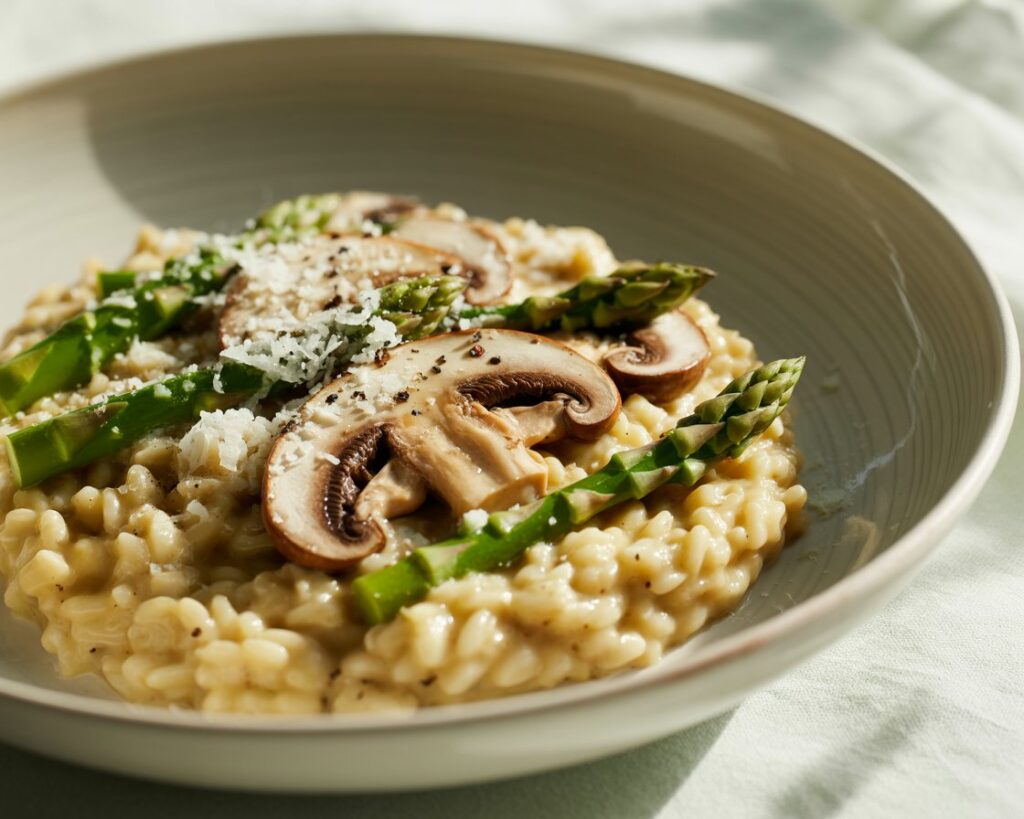 Creamy mushroom asparagus risotto served in a white bowl