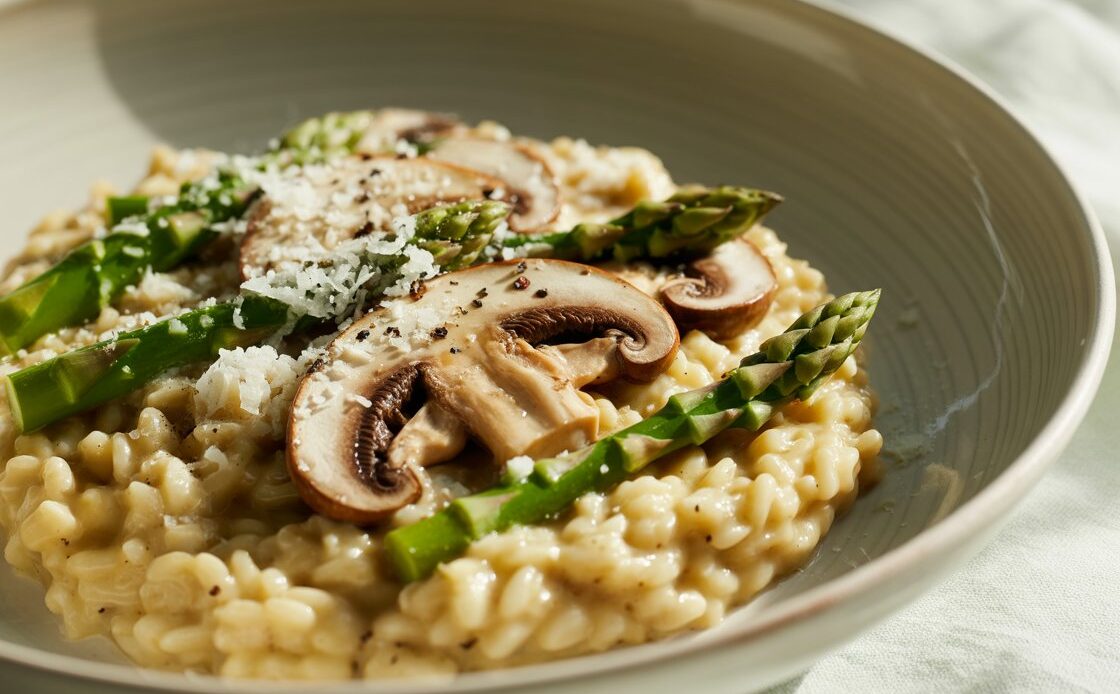 Creamy mushroom asparagus risotto served in a white bowl