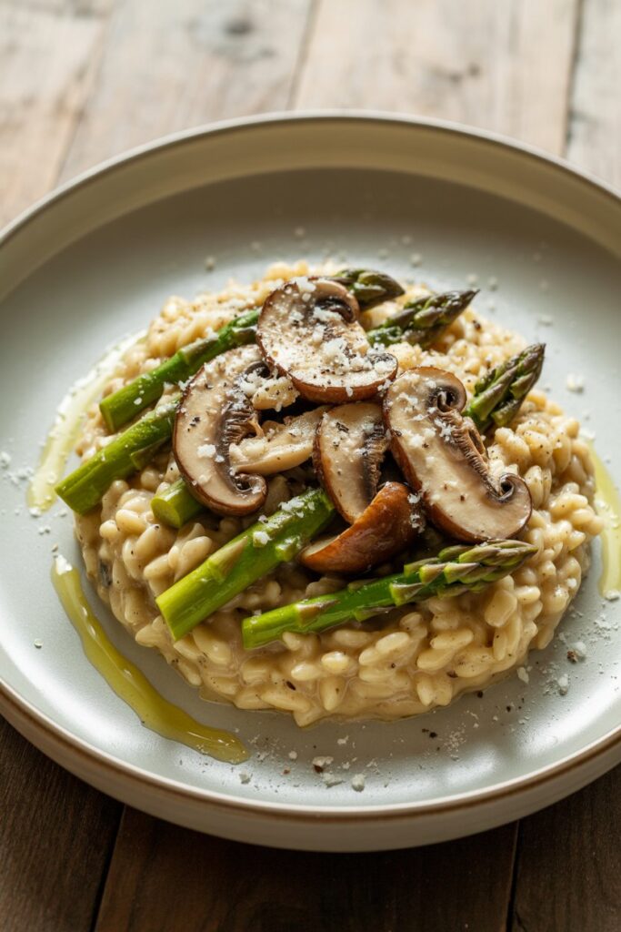 Plate of mushroom asparagus risotto with creamy texture and fresh flavor