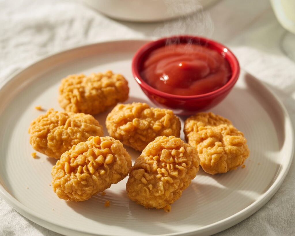 Golden crispy homemade chicken nuggets served on a plate with dipping sauce