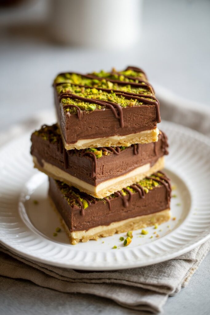 Close up of chocolate pistachio cheesecake bars with glossy chocolate drizzle