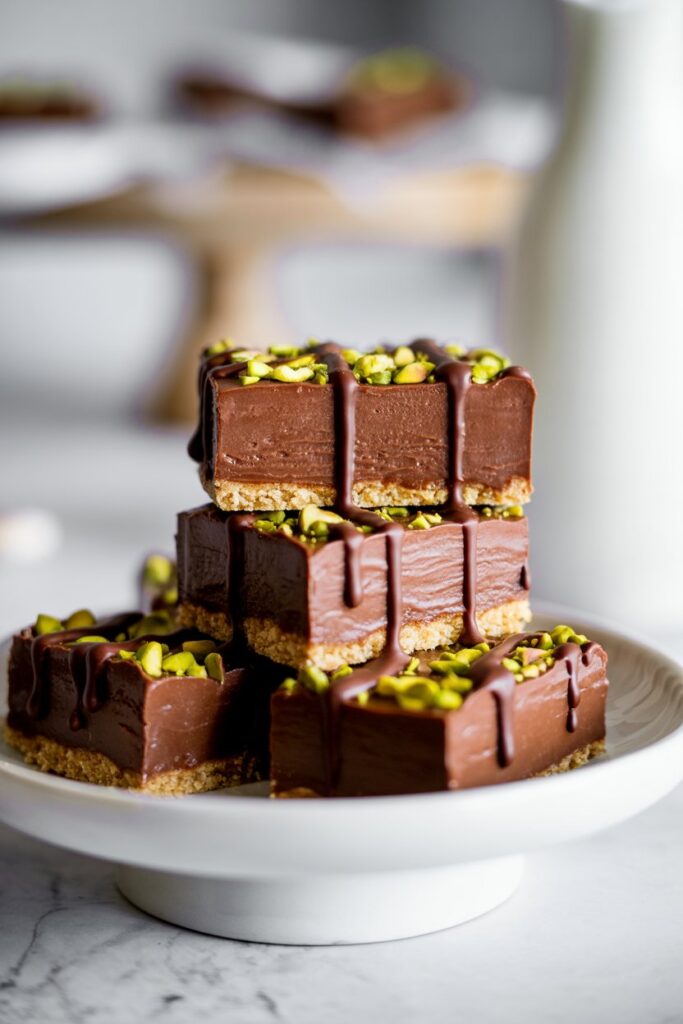 Homemade cheesecake bars with chocolate base creamy filling and pistachio topping