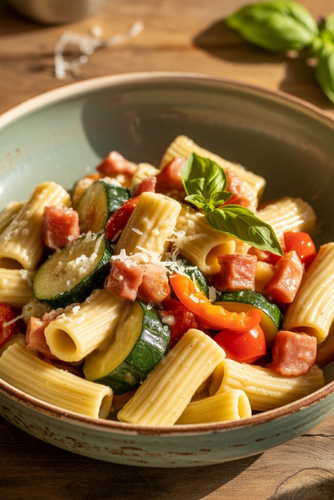 Rigatoni pasta with crispy pancetta, fresh vegetables, and creamy sauce.