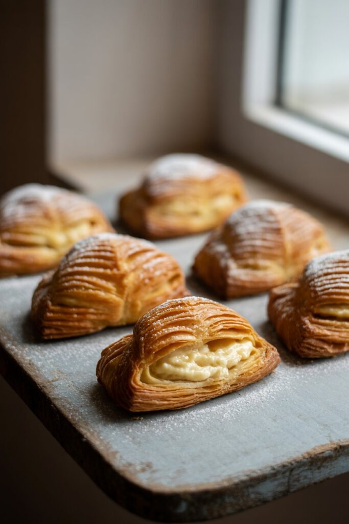 Italian sfogliatelle pastries cooling on a baking tray.