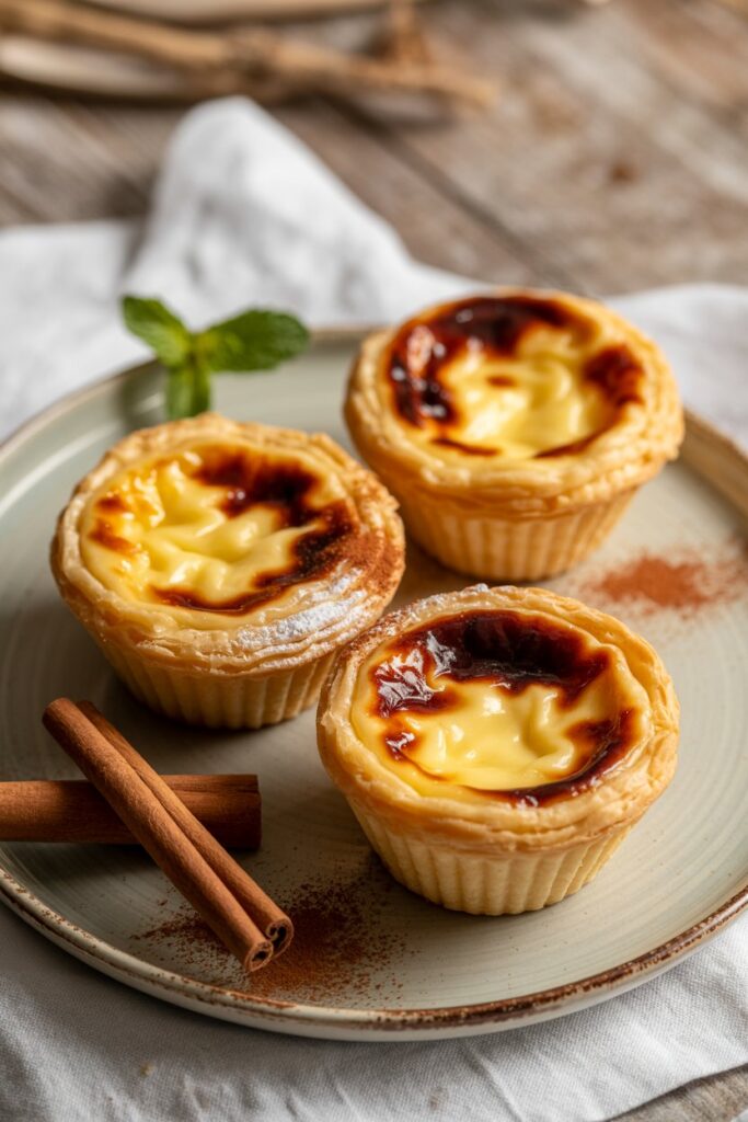 Traditional Portuguese custard tarts served on a rustic plate.