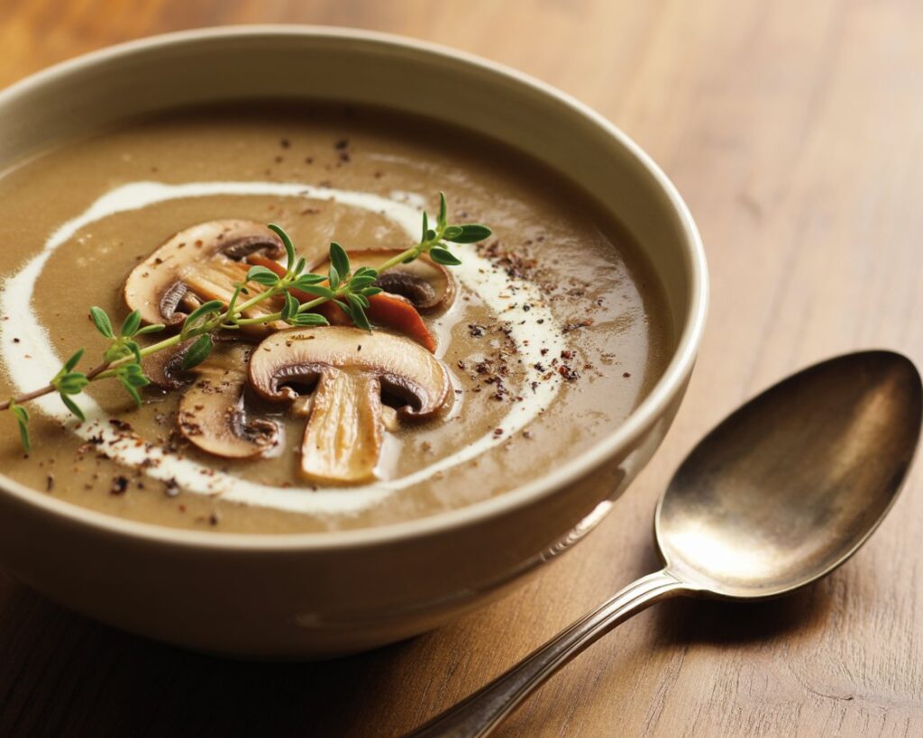 Chef-inspired mushroom soup garnished with parsley on a wooden table.
