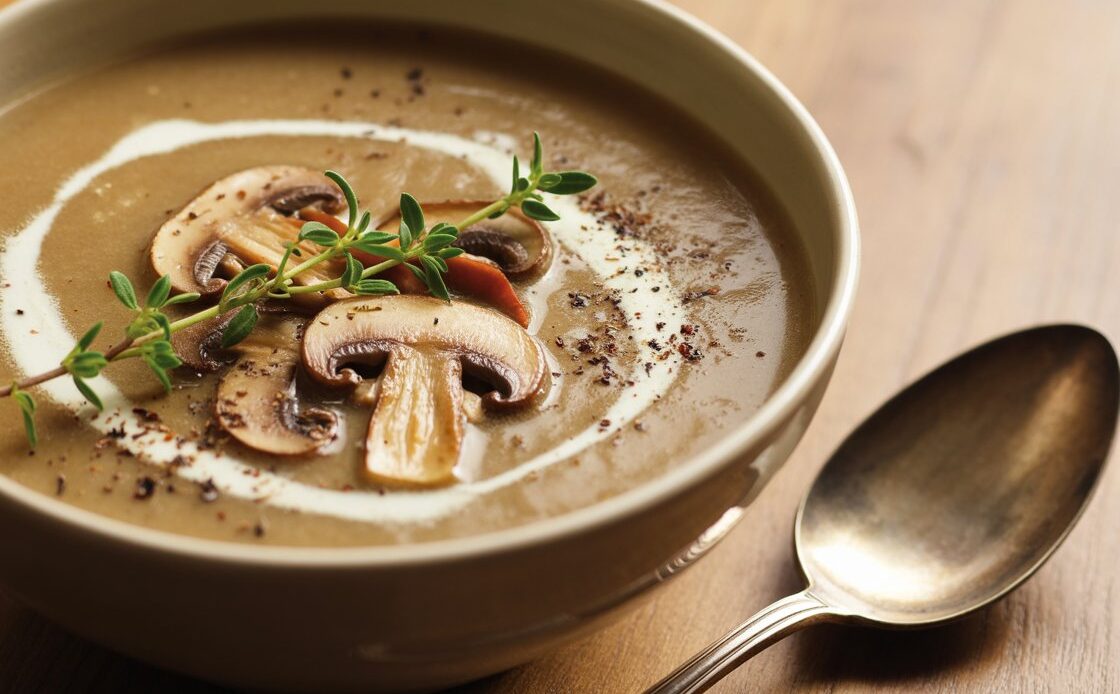 Chef-inspired mushroom soup garnished with parsley on a wooden table.