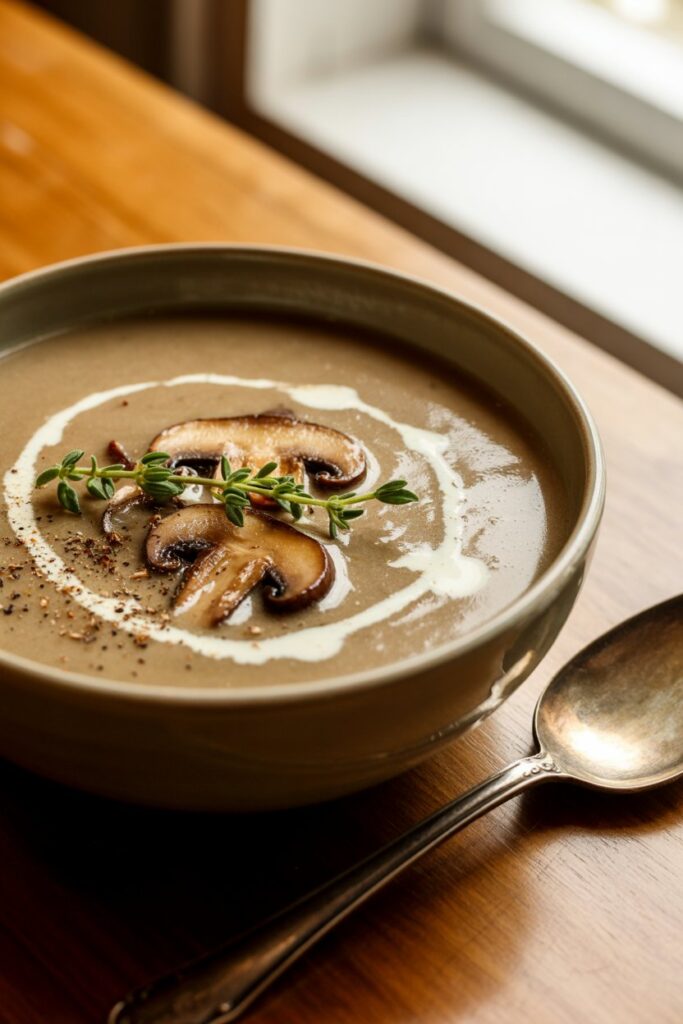 Close-up of creamy mushroom soup showing thick texture and mushroom pieces.