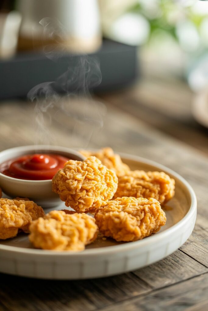 Chicken nuggets arranged on a serving platter with dipping sauces