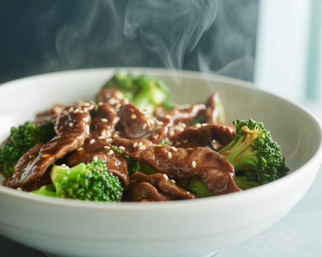 Stir fried beef with broccoli and garlic sauce served on a white plate