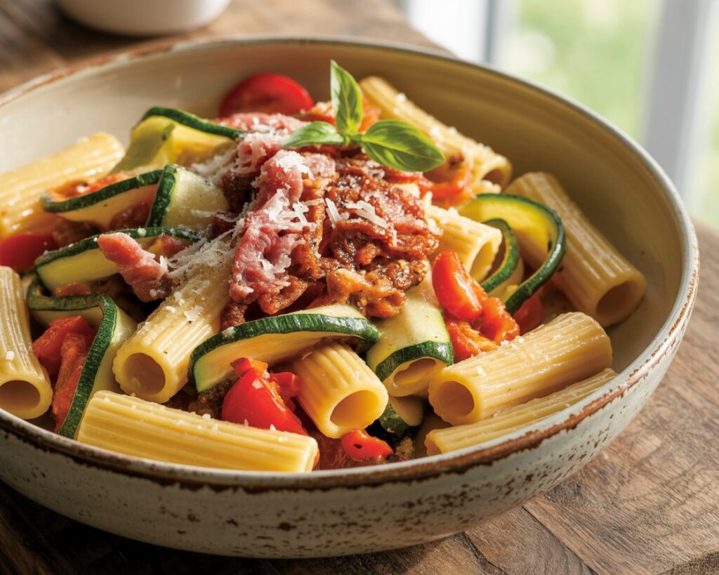 Creamy pancetta primavera rigatoni served in a white bowl with basil garnish.