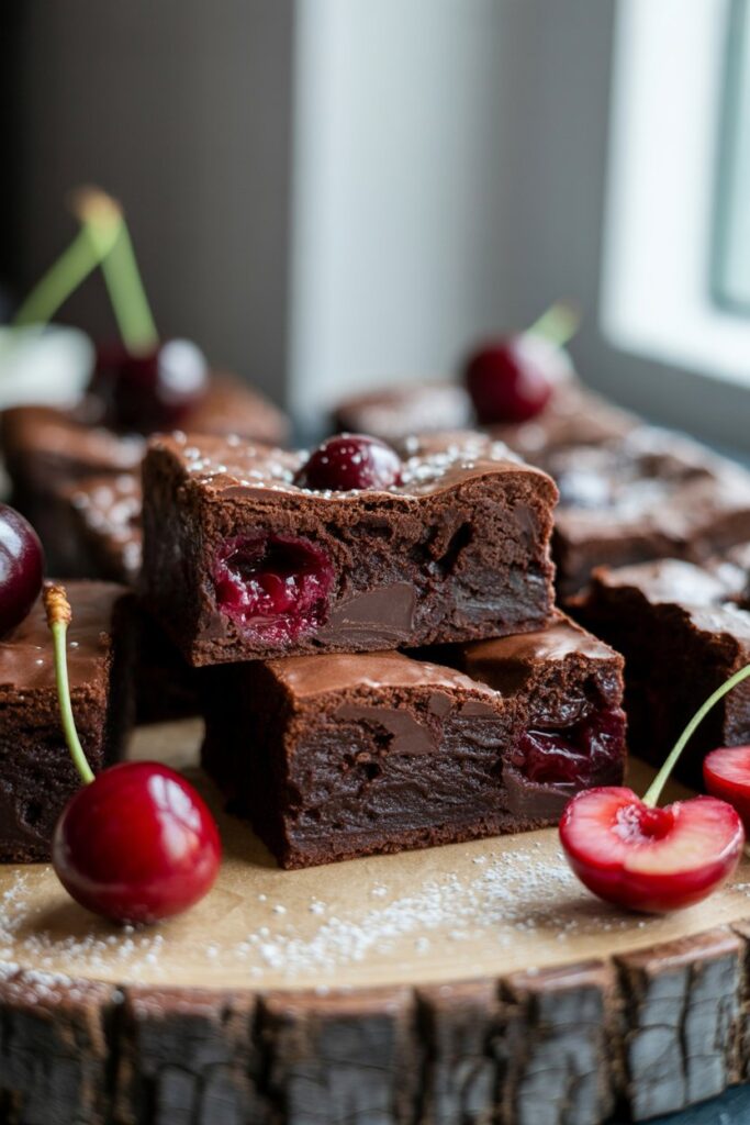 Homemade cherry brownies topped with fresh cherries
