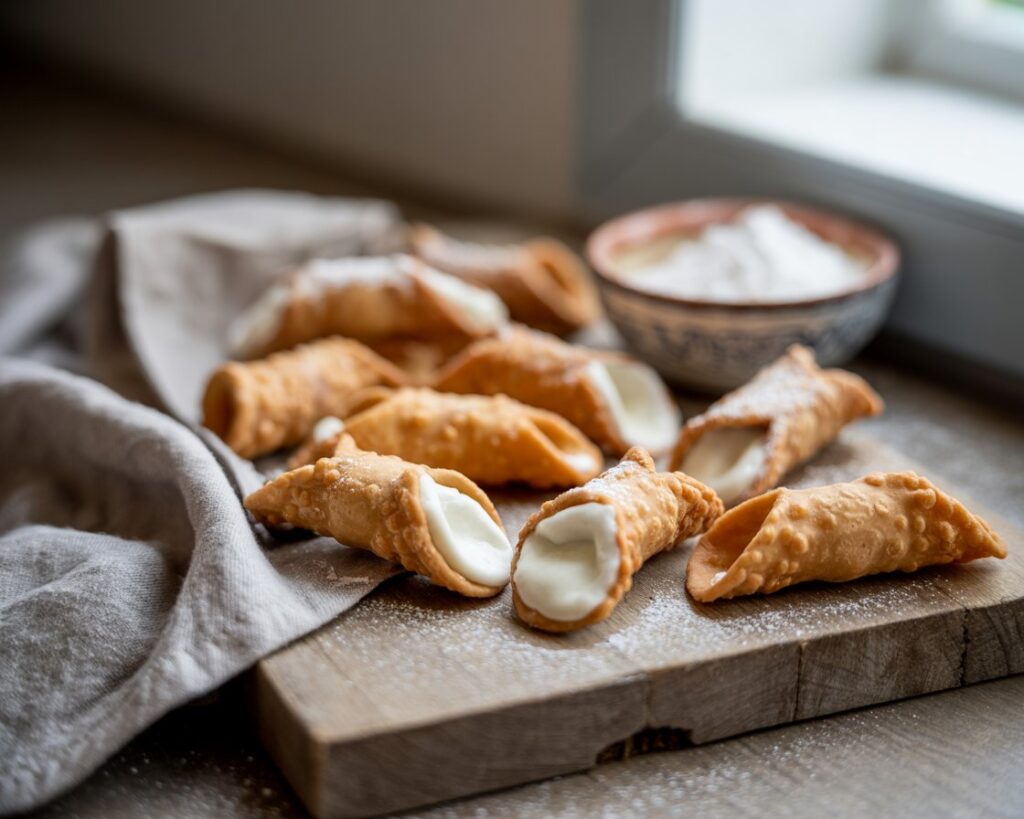Crispy cannoli shells arranged neatly for dessert preparation