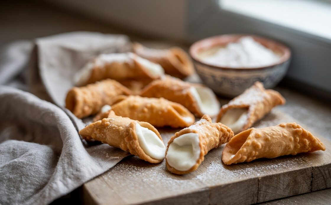 Crispy cannoli shells arranged neatly for dessert preparation
