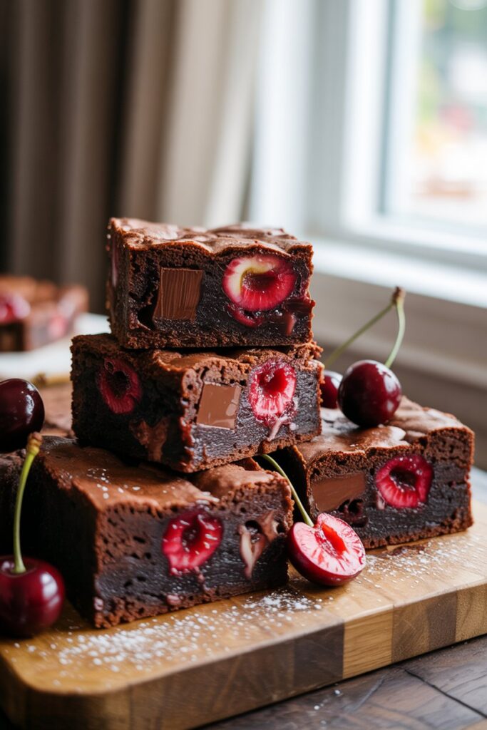 Fudgy chocolate cherry brownies cut into squares on a plate